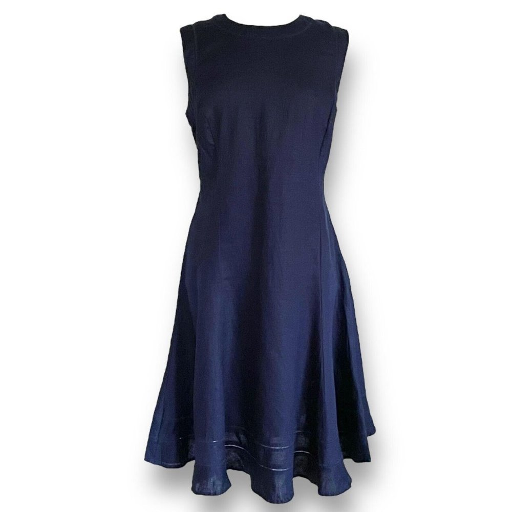 Malvin Germany Womens Linen Dress Sz 10 Navy Blue Fit & Flare Preppy Classic